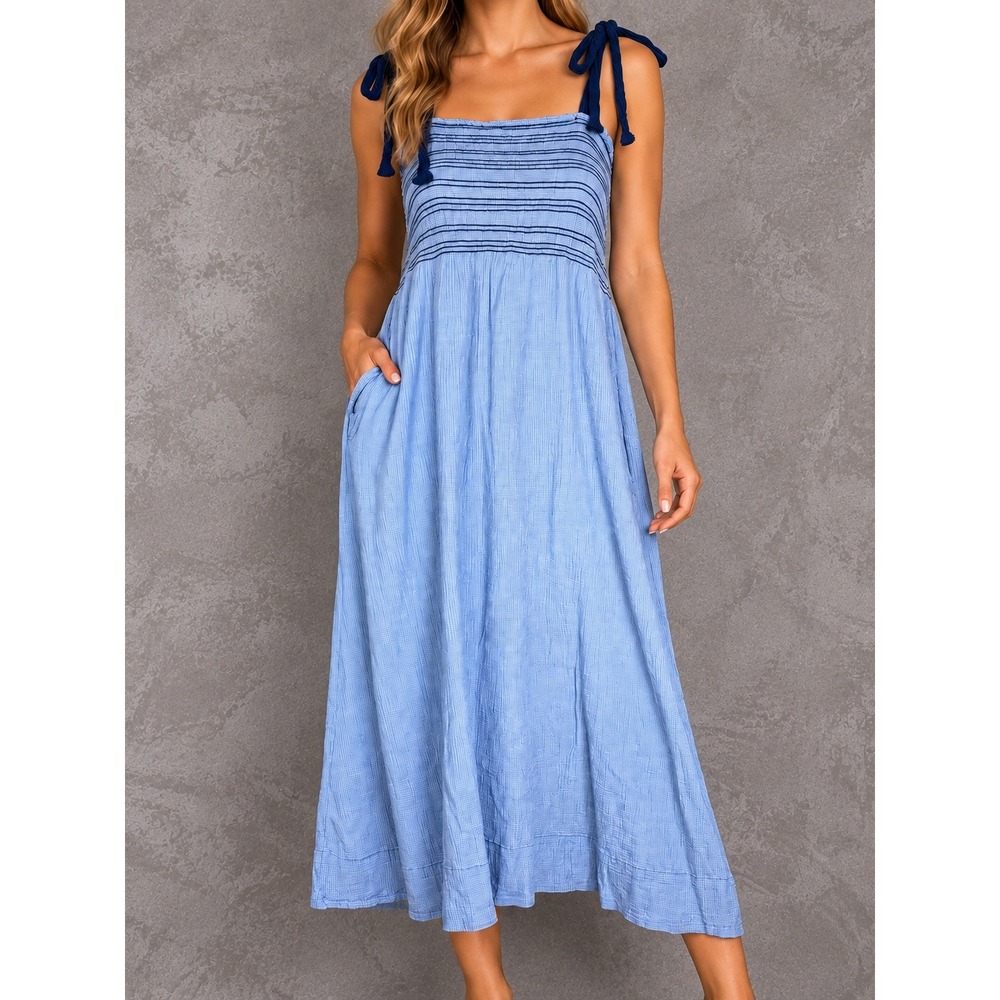 Hatch Margaux Maternity Midi Dress Womens 1 Blue Stripe Smocked Tie Shoulder